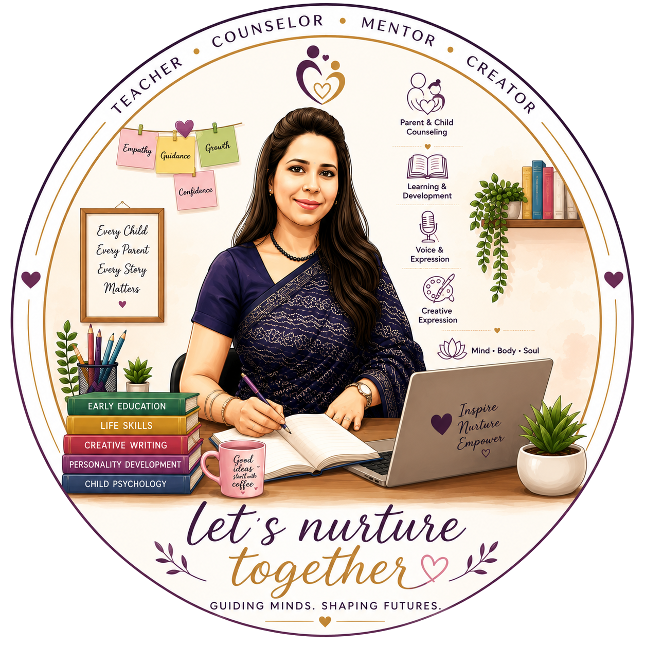 Illustrated portrait of the counselor at her desk, surrounded by icons for parent and child counseling, learning and development, and creative expression, with the words 'Let's Nurture Together — Guiding minds. Shaping futures.'