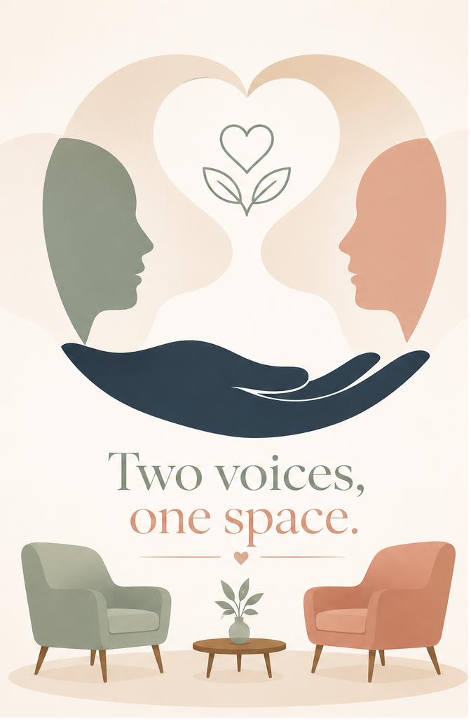 Illustration of two people facing each other above a pair of cupped hands, with a heart and leaf between them, above the words 'Two voices, one space' and two armchairs facing each other around a small table.